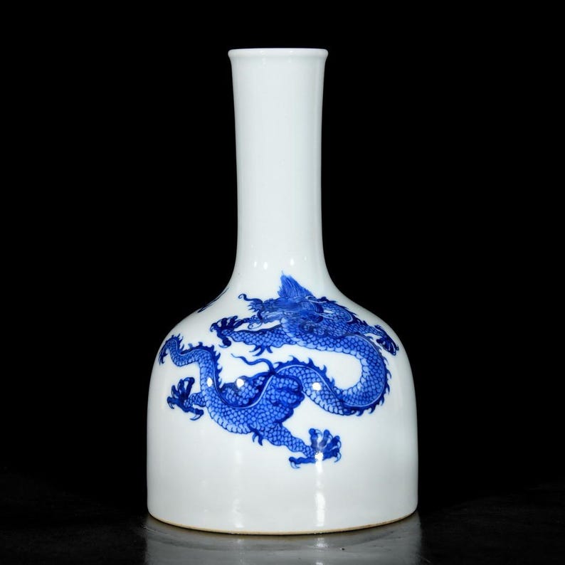Exquisite and rare Chinese antique blue and white porcelain vase with dragon design, hand-painted. Main image