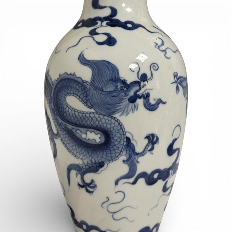 Chinese porcelain vase with dragon and phoenix design, blue and white, stamped and wooden base | 34 cm | Collector's item (acquired in the 1980s) Secondary image