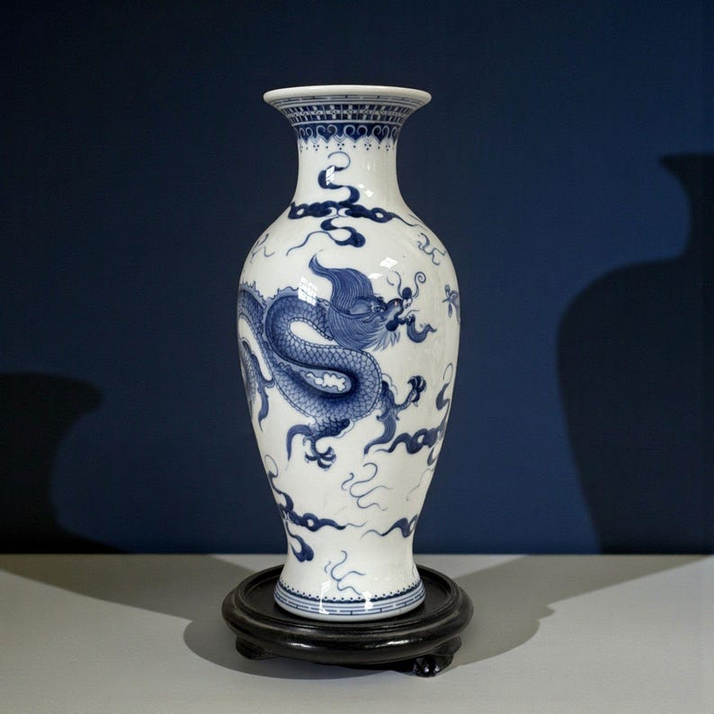 Chinese porcelain vase with dragon and phoenix design, blue and white, stamped and wooden base | 34 cm | Collector's item (acquired in the 1980s) Main image