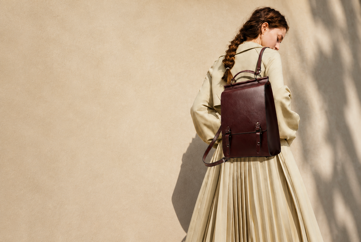 YiMi Studio woman wearing a burgundy leather backpack